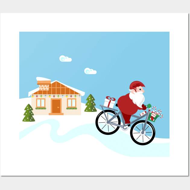 Santa Claus delivering gifts riding a bike Wall Art by SooperYela